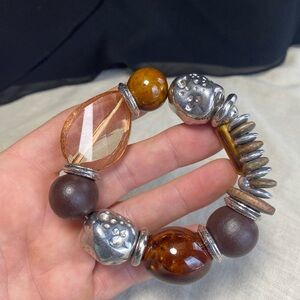 Brown & Silver Tone Chunky Beaded Stretch Bracelet
